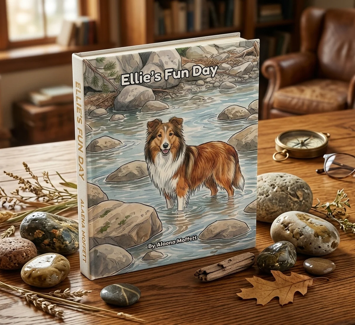 Ellie's Fun Day, a hardcover picture book: a watercolour of Ellie standing in a rocky mountain stream
