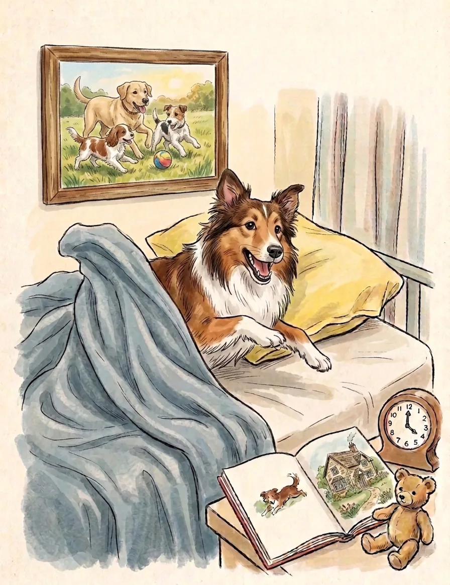 Ellie waking up in bed beside a picture book, a clock and a teddy bear