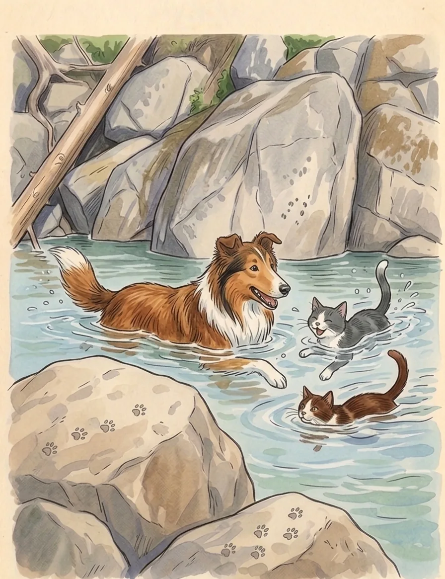 Ellie swimming in a rocky pool with two cats paddling beside her