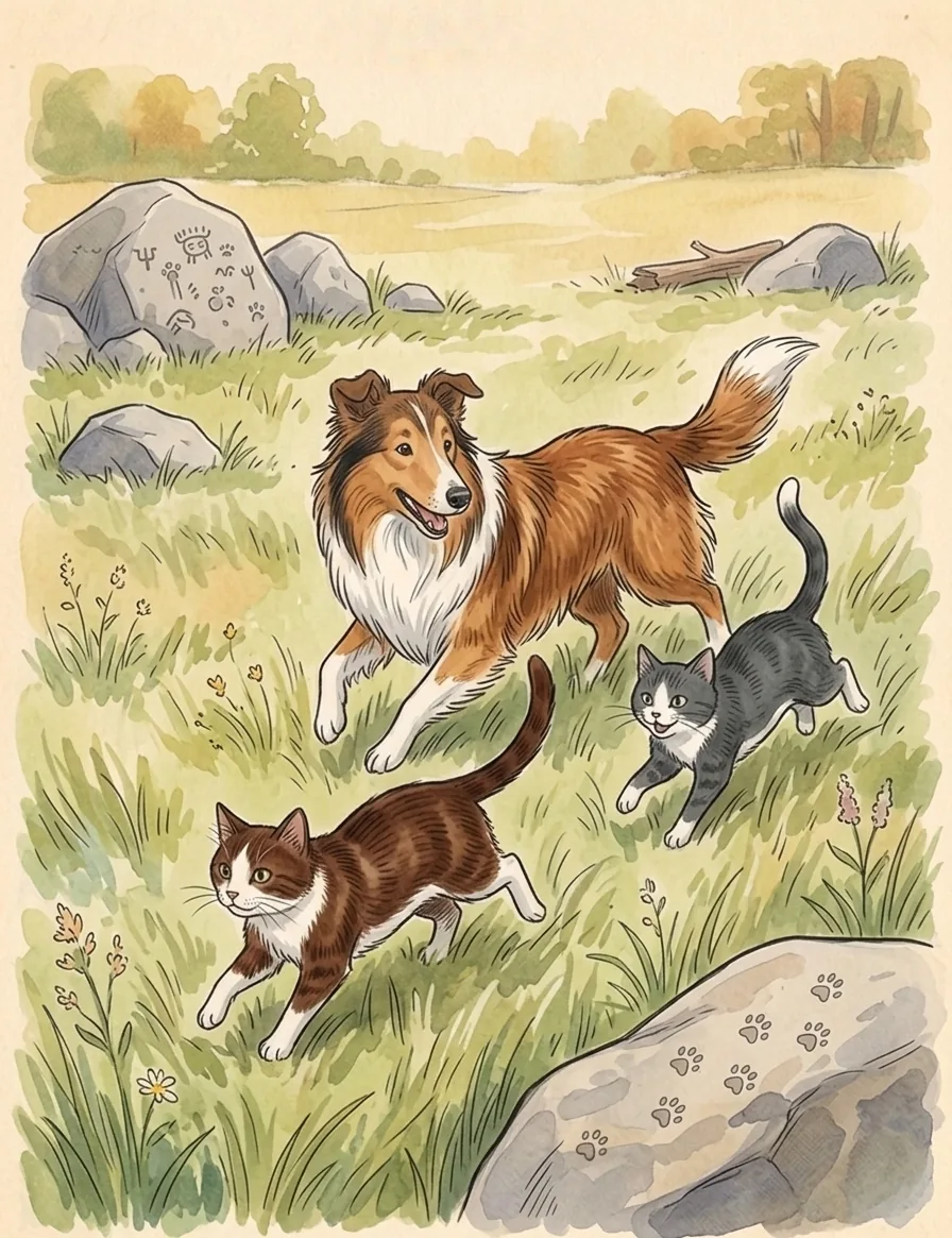 Ellie running through a meadow with two cats