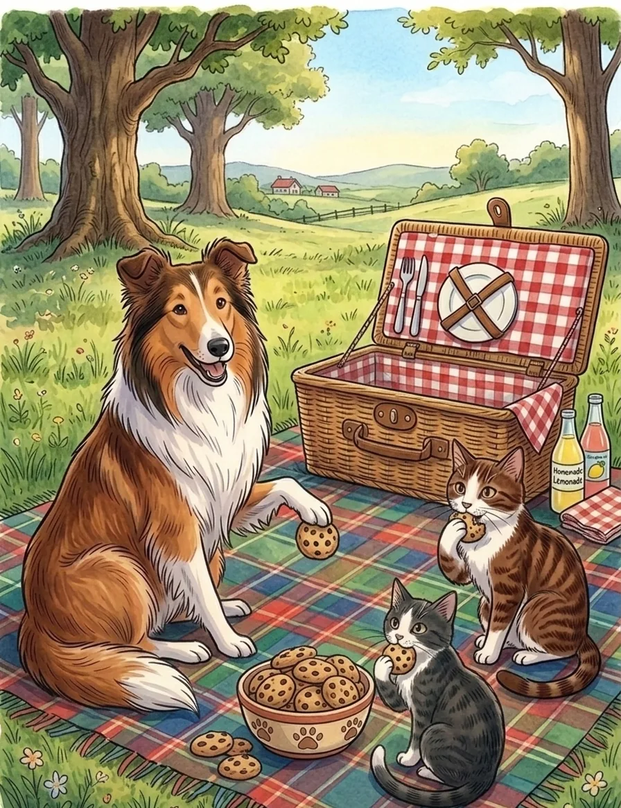Ellie and two cats sharing cookies at a picnic under the trees